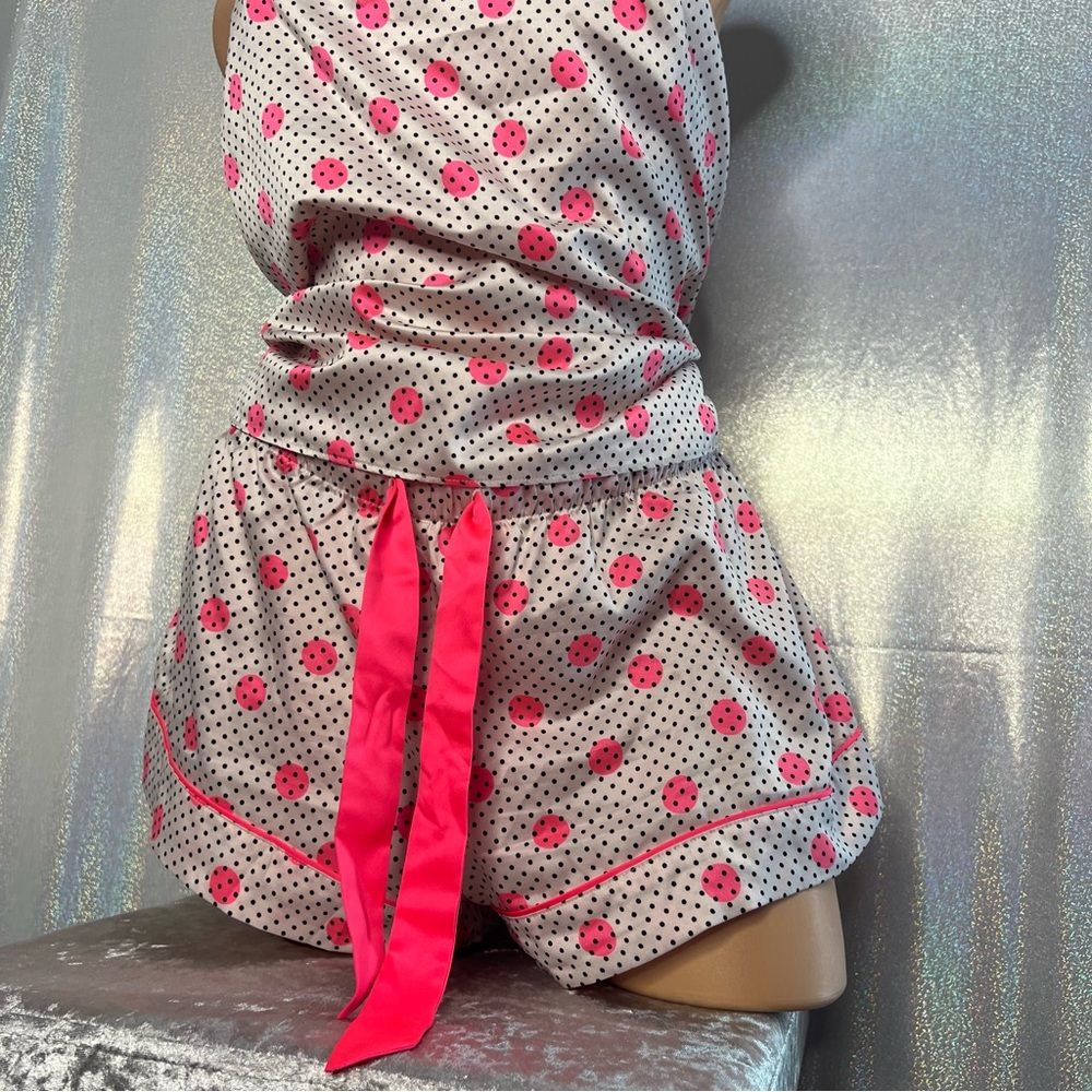 Victoria secret 2 piece silky satiny set tank and shorts polkadot neon pink y2k - Picture 11 of 13